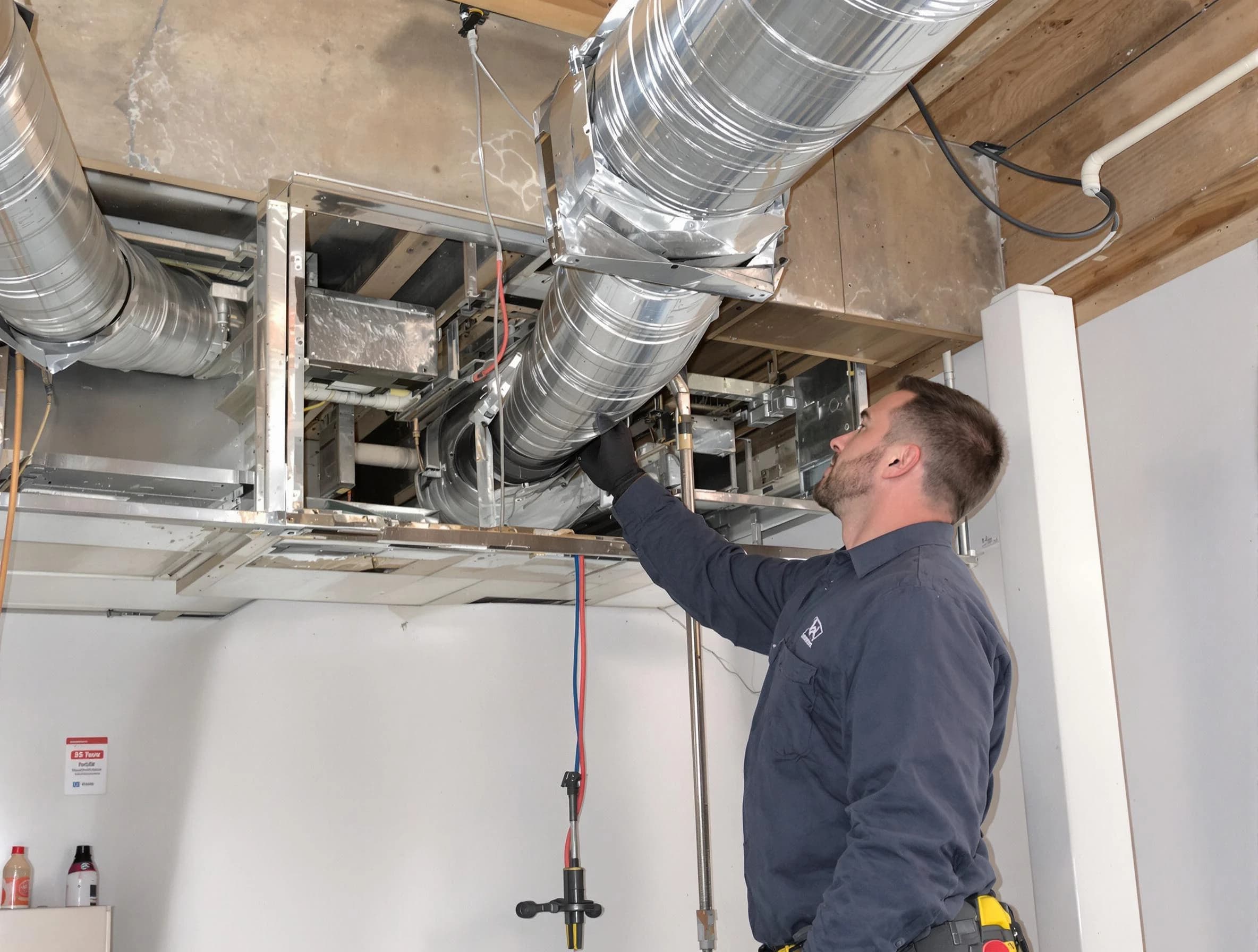 Pelham Air Duct Cleaning technician performing professional air duct repair using specialized tools in Pelham