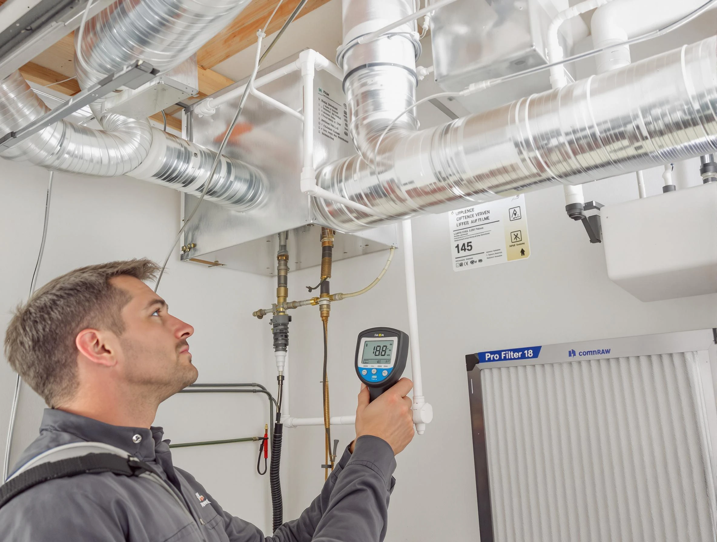 Pelham Air Duct Cleaning expert conducting detailed filter system inspection using diagnostic tools in Pelham
